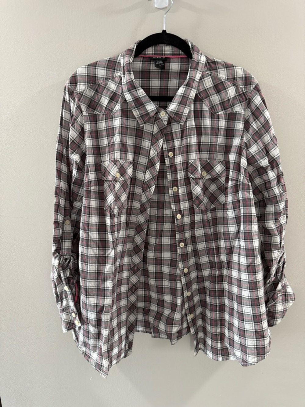 torrid Plaid Button-Down Shirt in White and Burgundy